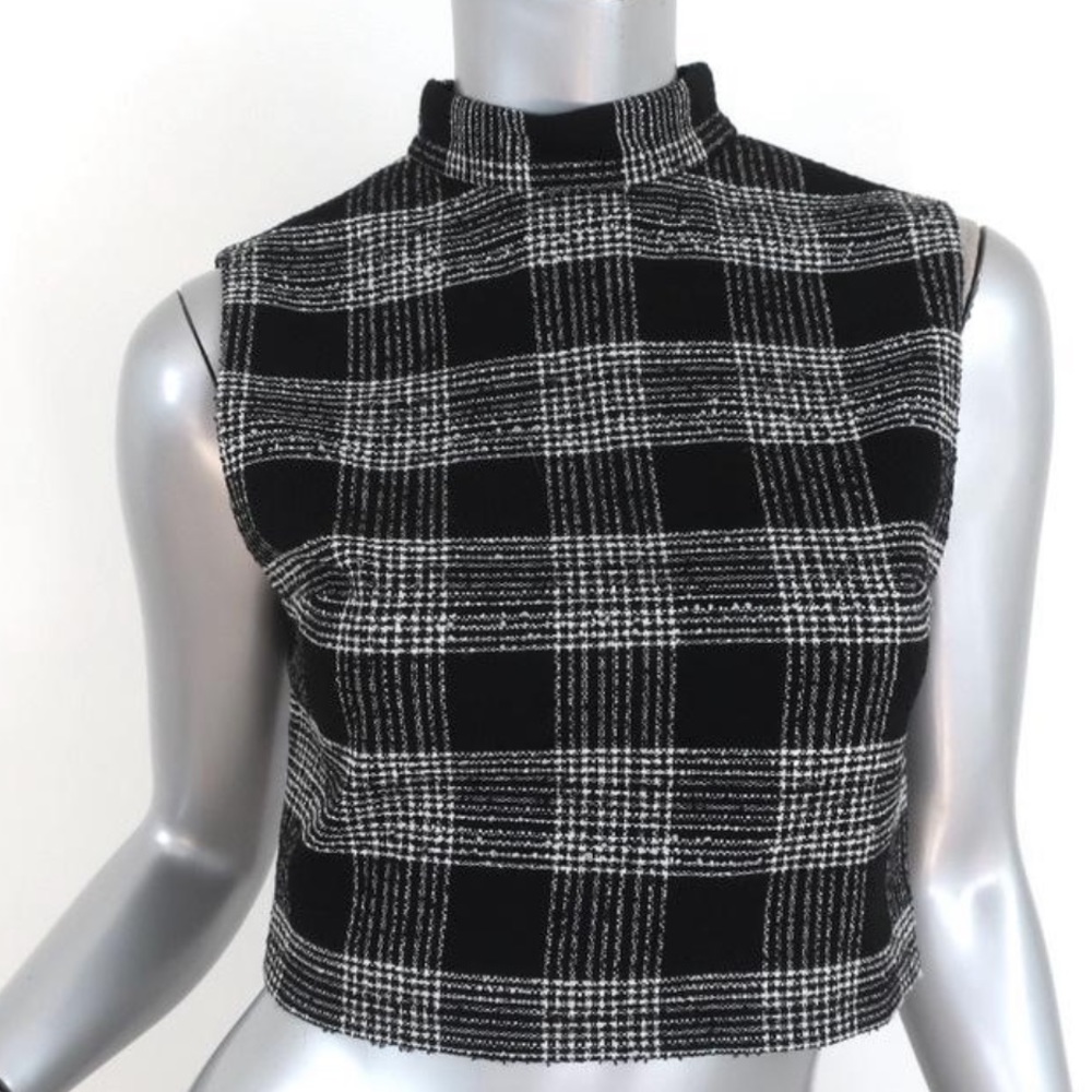 ALICE + OLIVIA CROP TOP GARLAND BLACK/WHITE PLAID SIZE 6 SLEEVELESS MOCK NECK